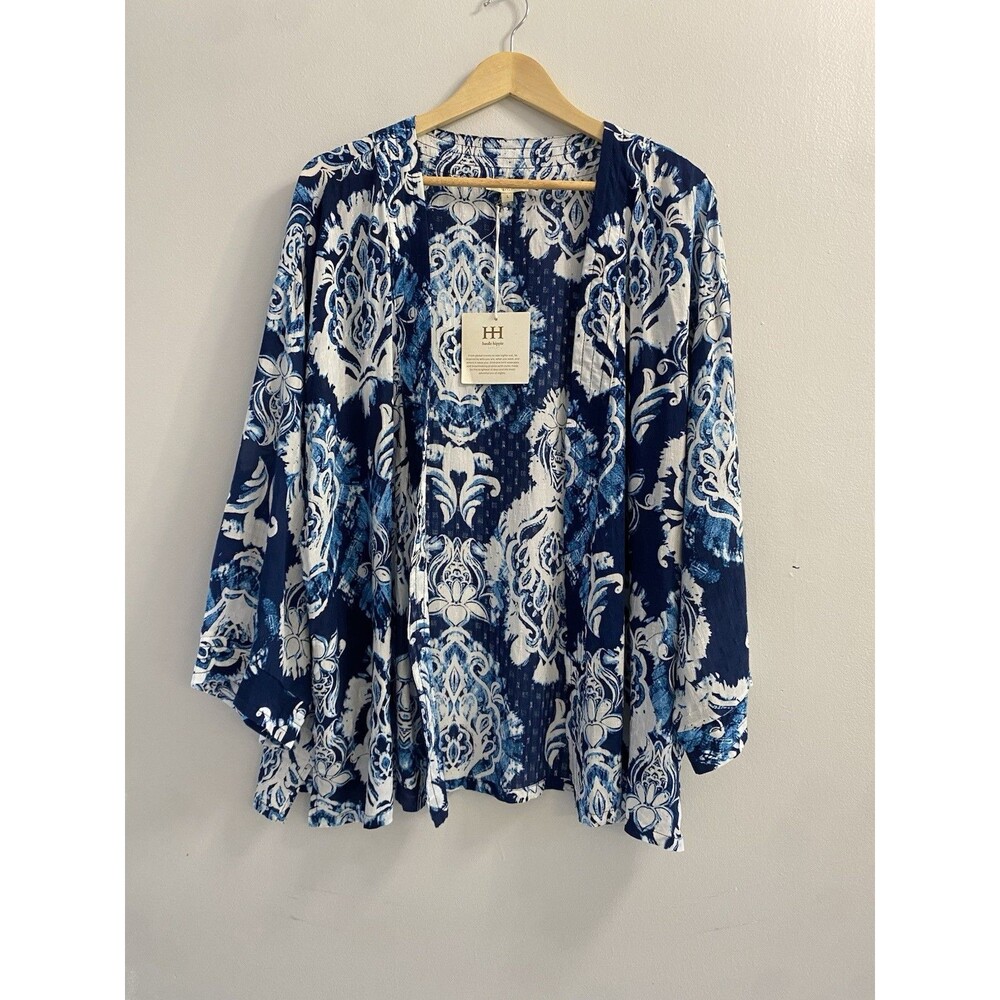 NWT Haute Hippie L Blue White Print Blouse Lightweight Topper Cardigan Top - Picture 2 of 12